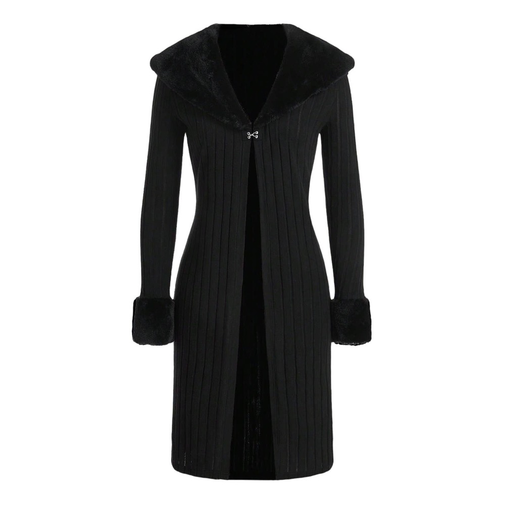 Borg Collar Fuzzy Panel Hook & Eye Front Coat-BLACK-L